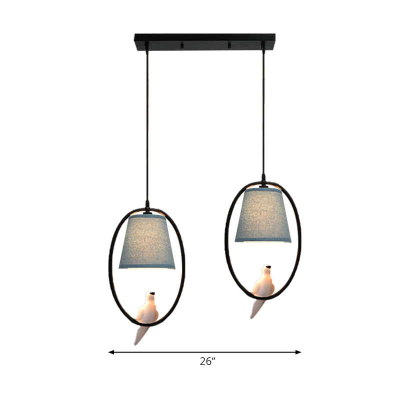 Metal Oval Pendant Light with Pigeon 2-Light Rustic Style Hanging Light in Blue for Balcony Clearhalo 'Ceiling Lights' 'Pendant Lights' 'Pendants' Lighting' 186911