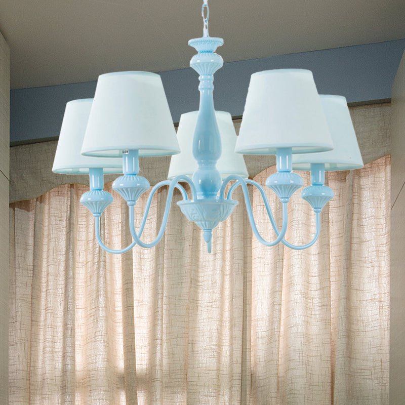 Fabric Tapered Shade Chandelier Modern Style Hanging Light in Blue for Balcony Restaurant 5 Blue Clearhalo 'Ceiling Lights' 'Chandeliers' Lighting' options 186986_395d69ba-fbbf-42b6-a158-1ce9cfb37ea8