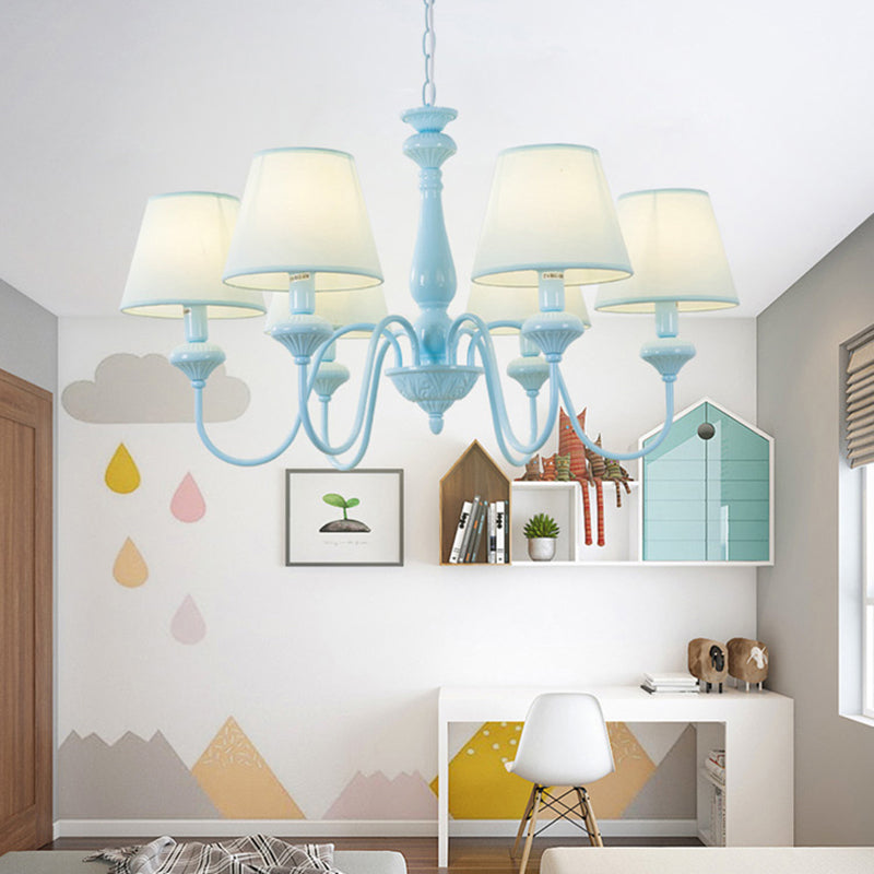 Fabric Tapered Shade Chandelier Modern Style Hanging Light in Blue for Balcony Restaurant 6 Blue Clearhalo 'Ceiling Lights' 'Chandeliers' Lighting' options 186990_94981611-6a7f-4e30-a294-dd5bf08b4ec4
