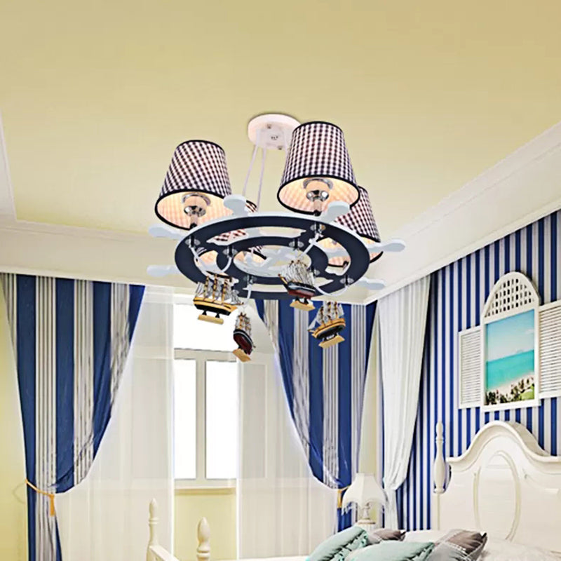 Rudder Study Room Chandelier with Plaid Shade & Ship Wood 4 Lights Nautical Pendant Light Clearhalo 'Ceiling Lights' 'Chandeliers' Lighting' options 186994