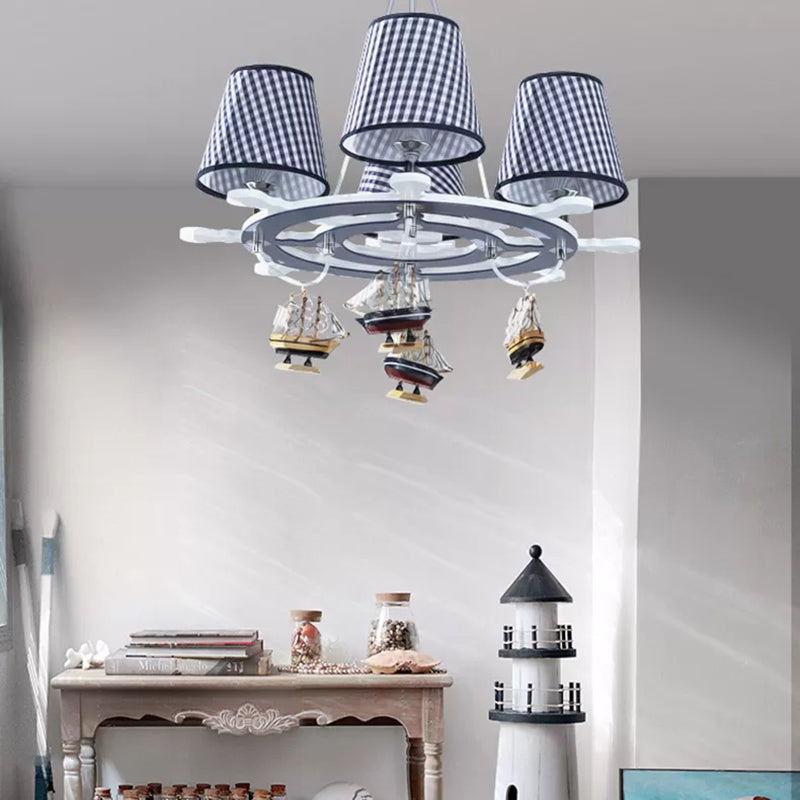 Rudder Study Room Chandelier with Plaid Shade & Ship Wood 4 Lights Nautical Pendant Light Clearhalo 'Ceiling Lights' 'Chandeliers' Lighting' options 186995