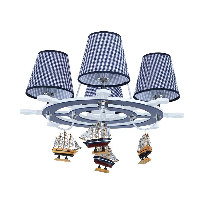 Rudder Study Room Chandelier with Plaid Shade & Ship Wood 4 Lights Nautical Pendant Light Clearhalo 'Ceiling Lights' 'Chandeliers' Lighting' options 186996