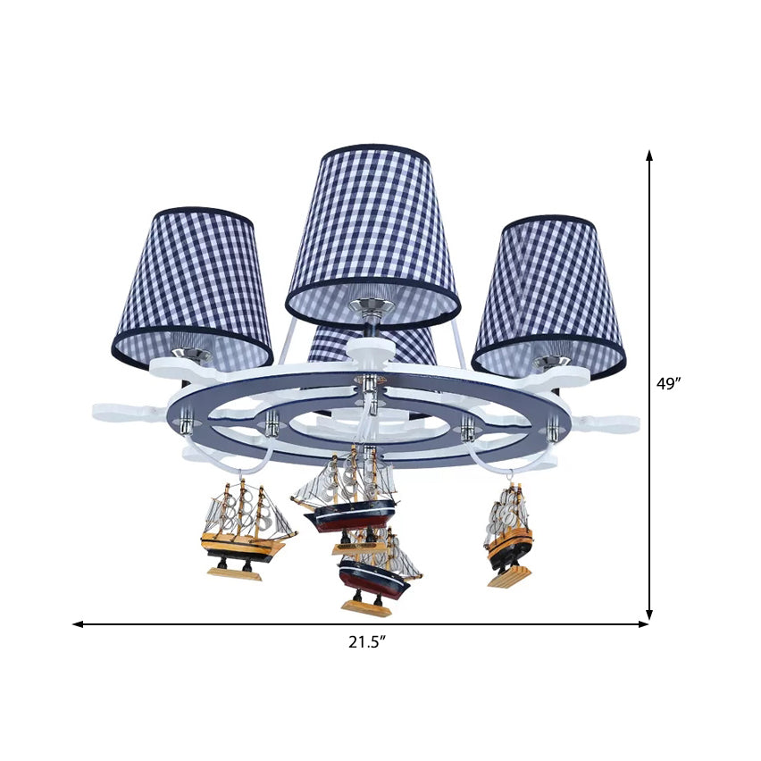 Rudder Study Room Chandelier with Plaid Shade & Ship Wood 4 Lights Nautical Pendant Light Clearhalo 'Ceiling Lights' 'Chandeliers' Lighting' options 186997