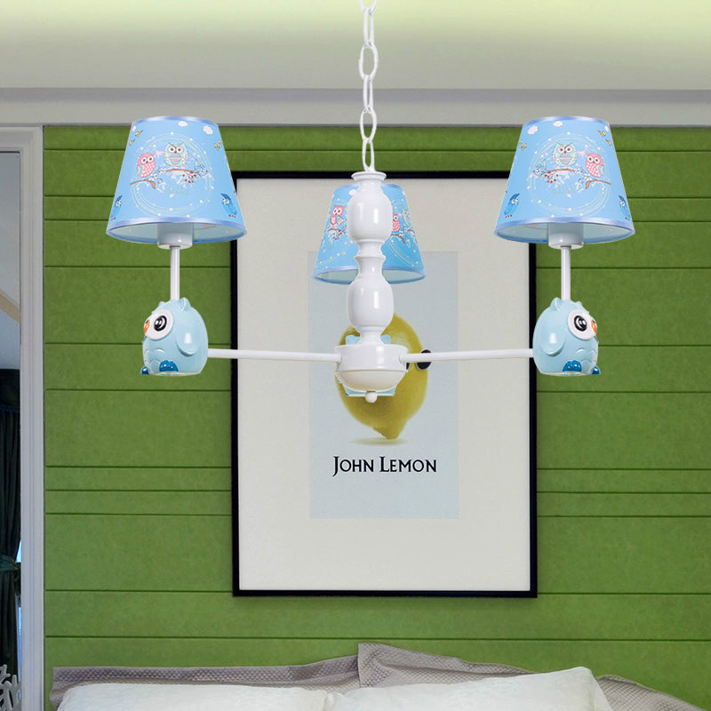 Baby Owl Shape Chandelier with Fabric Shade Cartoon Metal Pendant Light in Blue for Boys Bedroom 3 Blue Clearhalo 'Ceiling Lights' 'Chandeliers' Lighting' options 187007_18ecd375-a5bd-4b2d-b0e0-cddd80fb4d7b