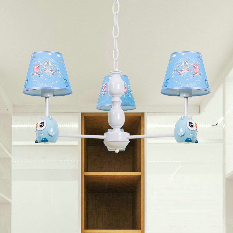 Baby Owl Shape Chandelier with Fabric Shade Cartoon Metal Pendant Light in Blue for Boys Bedroom Clearhalo 'Ceiling Lights' 'Chandeliers' Lighting' options 187008