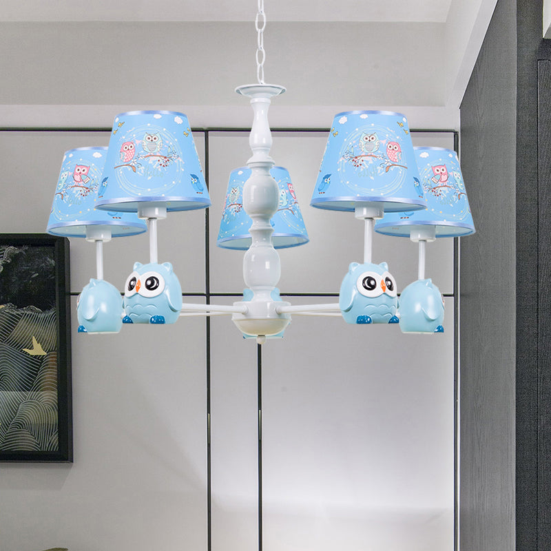 Baby Owl Shape Chandelier with Fabric Shade Cartoon Metal Pendant Light in Blue for Boys Bedroom 5 Blue Clearhalo 'Ceiling Lights' 'Chandeliers' Lighting' options 187011_615d90d9-0db0-4bd7-97a1-c3e25604fd1f