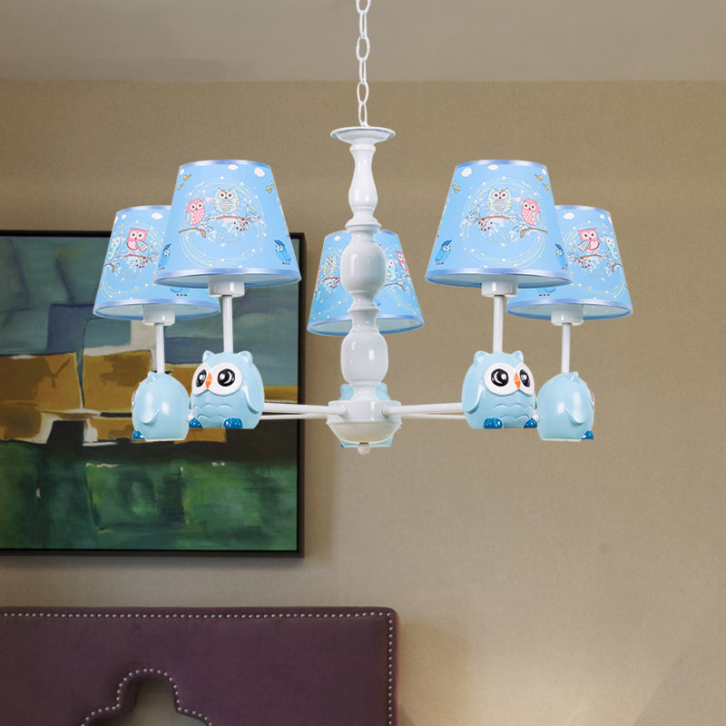 Baby Owl Shape Chandelier with Fabric Shade Cartoon Metal Pendant Light in Blue for Boys Bedroom Clearhalo 'Ceiling Lights' 'Chandeliers' Lighting' options 187012