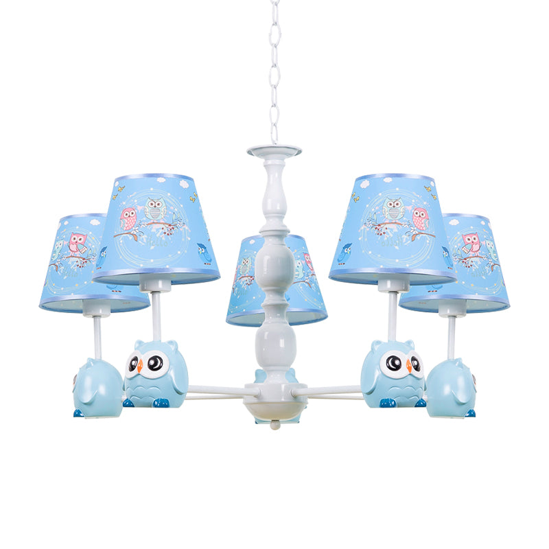Baby Owl Shape Chandelier with Fabric Shade Cartoon Metal Pendant Light in Blue for Boys Bedroom Clearhalo 'Ceiling Lights' 'Chandeliers' Lighting' options 187013