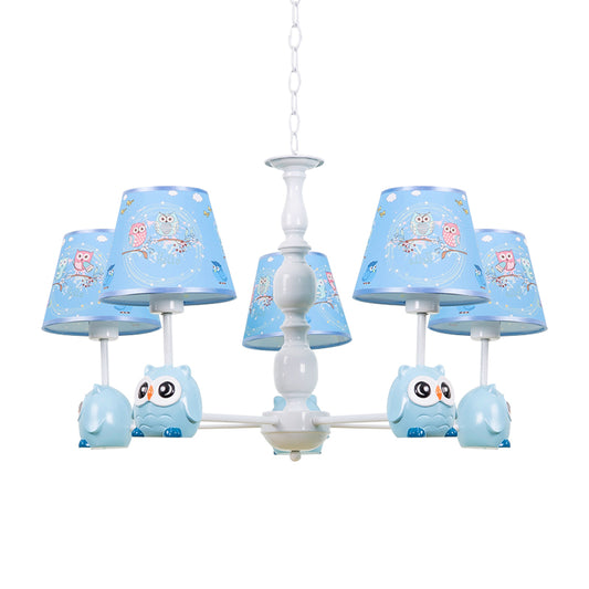 Baby Owl Shape Chandelier with Fabric Shade Cartoon Metal Pendant Light in Blue for Boys Bedroom Clearhalo 'Ceiling Lights' 'Chandeliers' Lighting' options 187013