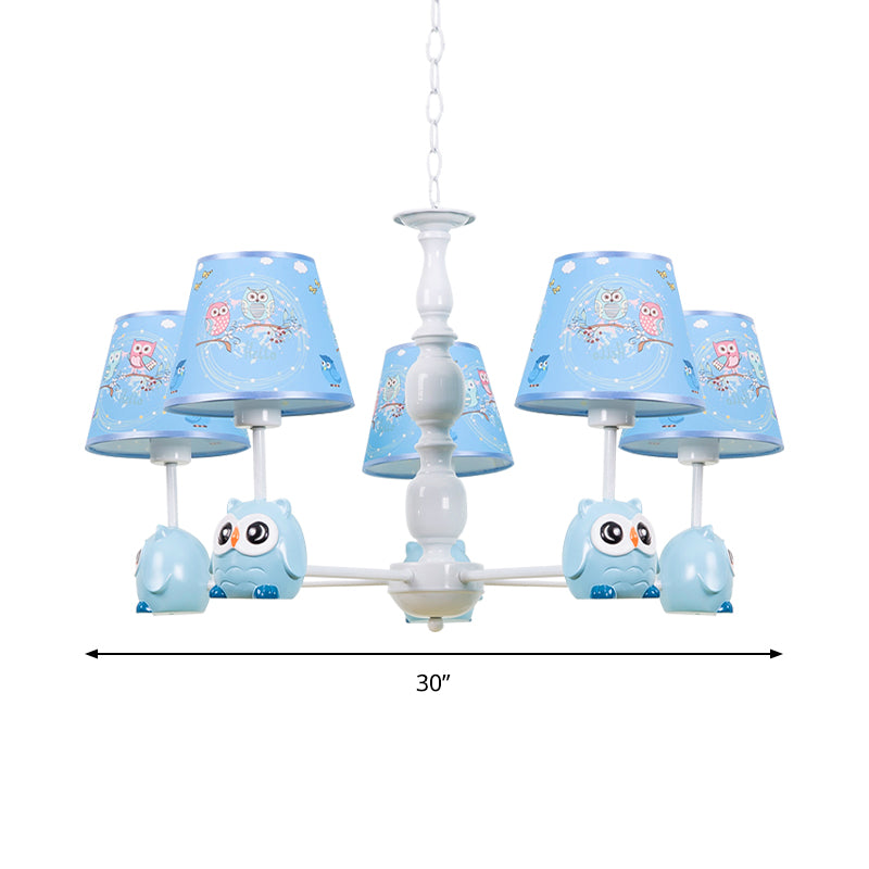 Baby Owl Shape Chandelier with Fabric Shade Cartoon Metal Pendant Light in Blue for Boys Bedroom Clearhalo 'Ceiling Lights' 'Chandeliers' Lighting' options 187014