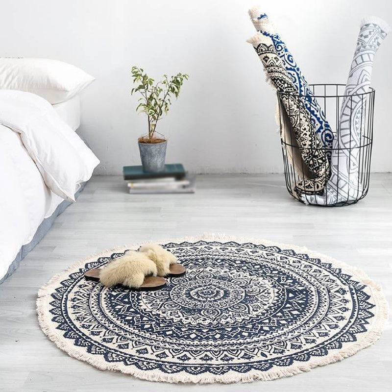 Moroccan Tribal Flower Pattern Rug Multicolor Cotton Rug Non-Slip Pet Friendly Washable Area Rug for Bedroom Dark Blue 2'11" x 2'11" Clearhalo 'Area Rug' 'Moroccan' 'Rugs' Rug' 1870422