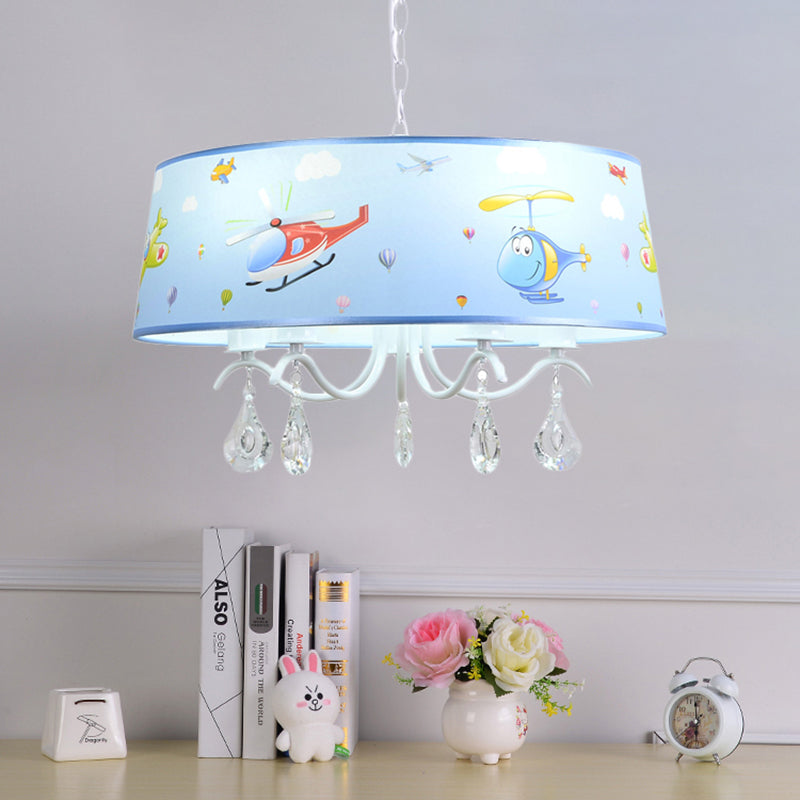 Cartoon Blue Hanging Lamp with Crystal Airplane Metal & Fabric Chandelier for Baby Room 5 Blue Clearhalo 'Ceiling Lights' 'Chandeliers' Lighting' options 187061_daefda9a-733f-4187-ba29-7f0ccb03d10a