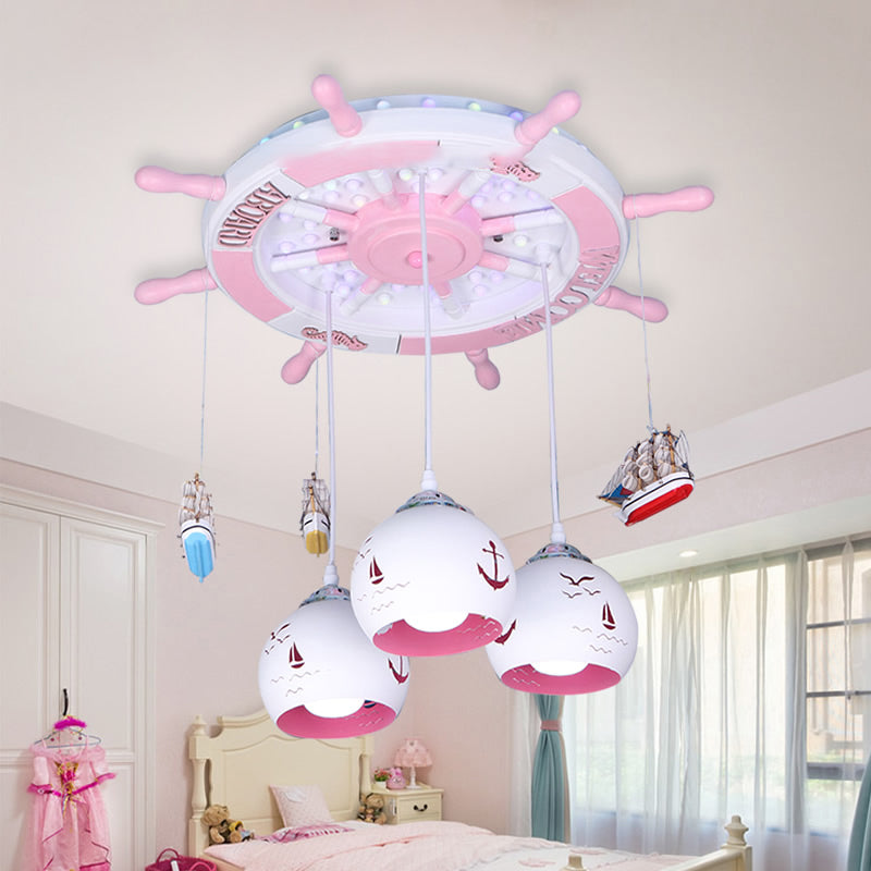 Nautical Style Ship Ceiling Pendant with Rudder Canopy Wood Pink Hanging Light for Girls Bedroom Clearhalo 'Ceiling Lights' 'Pendant Lights' 'Pendants' Lighting' 187073