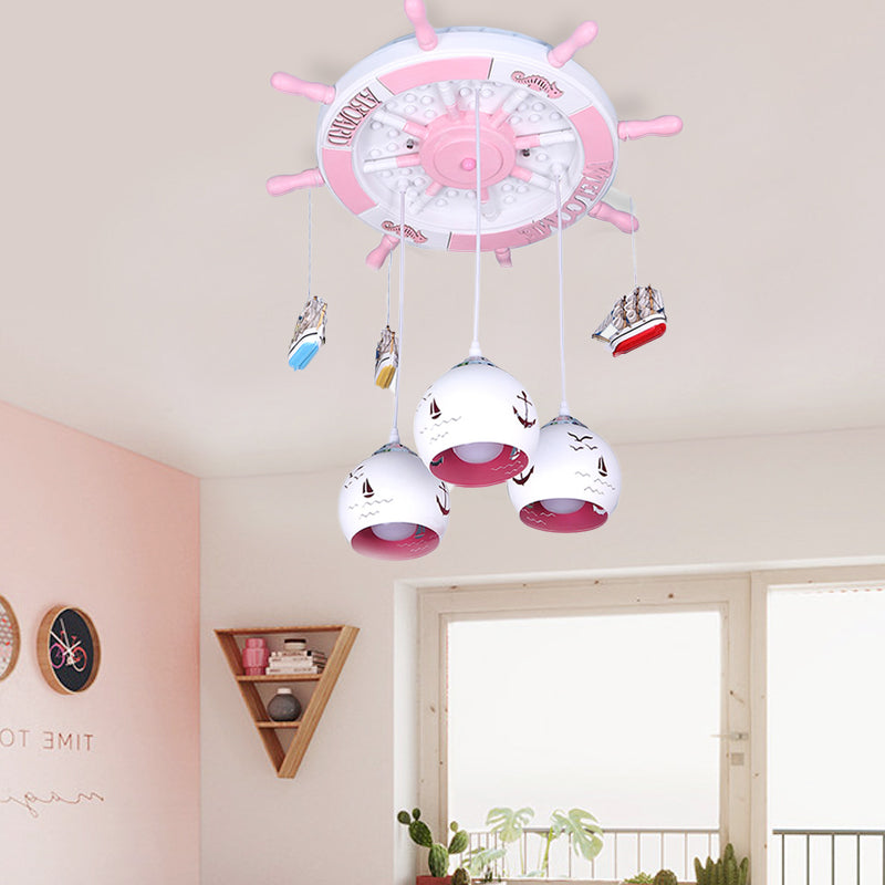 Nautical Style Ship Ceiling Pendant with Rudder Canopy Wood Pink Hanging Light for Girls Bedroom Clearhalo 'Ceiling Lights' 'Pendant Lights' 'Pendants' Lighting' 187074