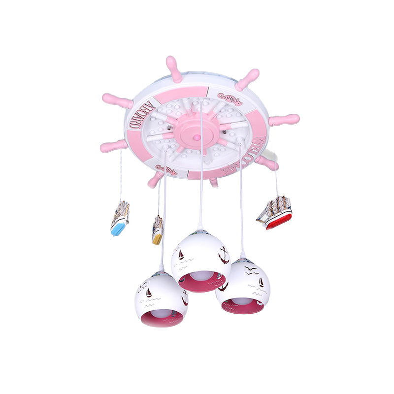 Nautical Style Ship Ceiling Pendant with Rudder Canopy Wood Pink Hanging Light for Girls Bedroom Clearhalo 'Ceiling Lights' 'Pendant Lights' 'Pendants' Lighting' 187075