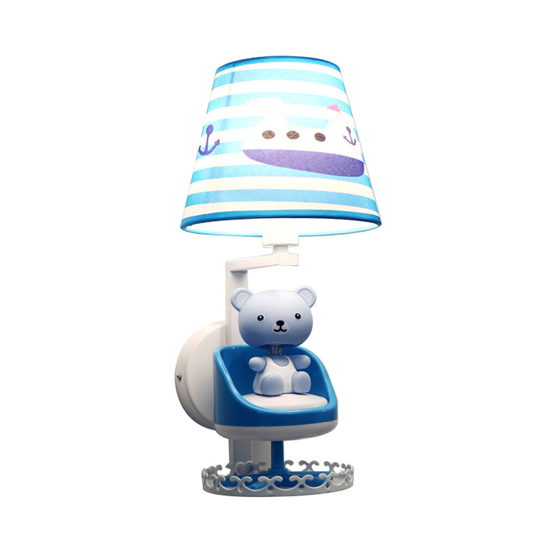 Nursing Room Toy Bear Wall Light with Ship Fabric 1 Head Kids Blue Sconce Light Clearhalo 'Wall Lamps & Sconces' 'Wall Lights' Lighting' 187089