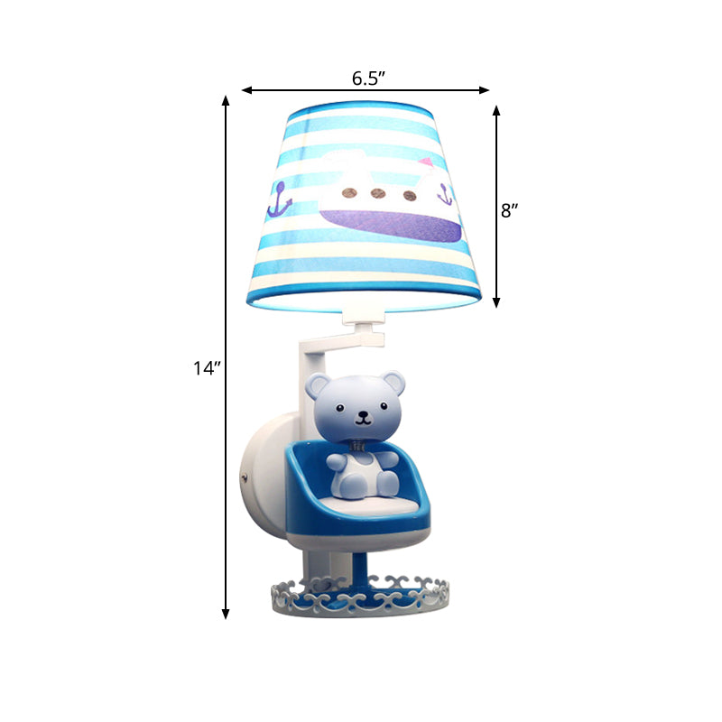 Nursing Room Toy Bear Wall Light with Ship Fabric 1 Head Kids Blue Sconce Light Clearhalo 'Wall Lamps & Sconces' 'Wall Lights' Lighting' 187090