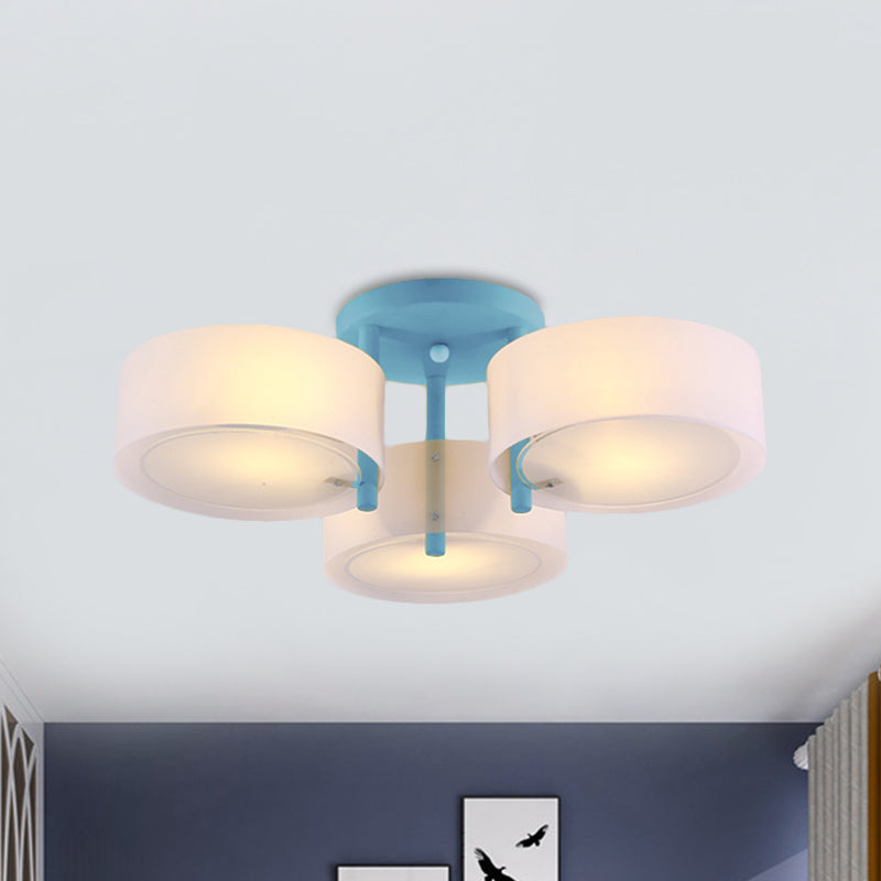 Macaron Semi Flush Mount Light Drum Shade 3 Lights Frosted Glass Ceiling Lamp for Kid Bedroom Blue Clearhalo 'Ceiling Lights' 'Close To Ceiling Lights' 'Close to ceiling' 'Semi-flushmount' Lighting' 1870980