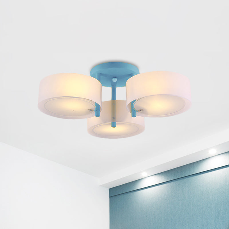 Macaron Semi Flush Mount Light Drum Shade 3 Lights Frosted Glass Ceiling Lamp for Kid Bedroom Clearhalo 'Ceiling Lights' 'Close To Ceiling Lights' 'Close to ceiling' 'Semi-flushmount' Lighting' 1870981