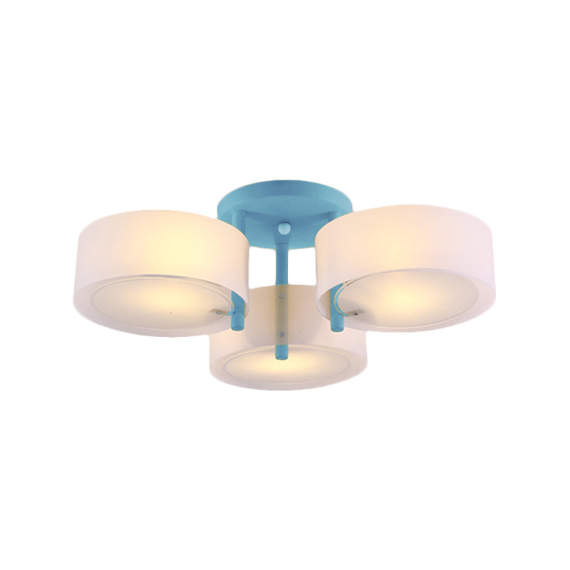 Macaron Semi Flush Mount Light Drum Shade 3 Lights Frosted Glass Ceiling Lamp for Kid Bedroom Clearhalo 'Ceiling Lights' 'Close To Ceiling Lights' 'Close to ceiling' 'Semi-flushmount' Lighting' 1870982