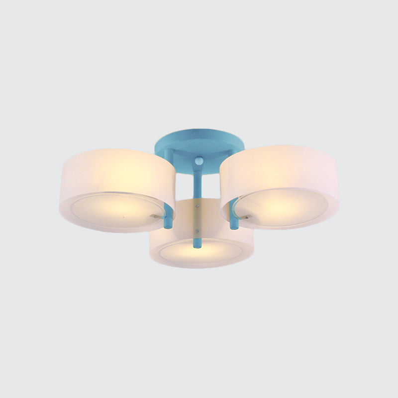 Macaron Semi Flush Mount Light Drum Shade 3 Lights Frosted Glass Ceiling Lamp for Kid Bedroom Clearhalo 'Ceiling Lights' 'Close To Ceiling Lights' 'Close to ceiling' 'Semi-flushmount' Lighting' 1870983