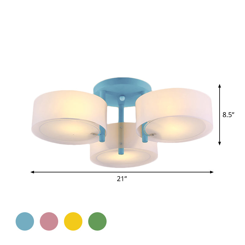 Macaron Semi Flush Mount Light Drum Shade 3 Lights Frosted Glass Ceiling Lamp for Kid Bedroom Clearhalo 'Ceiling Lights' 'Close To Ceiling Lights' 'Close to ceiling' 'Semi-flushmount' Lighting' 1870984