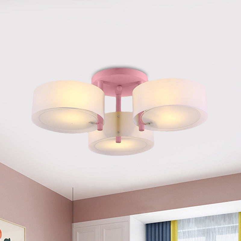 Macaron Semi Flush Mount Light Drum Shade 3 Lights Frosted Glass Ceiling Lamp for Kid Bedroom Pink Clearhalo 'Ceiling Lights' 'Close To Ceiling Lights' 'Close to ceiling' 'Semi-flushmount' Lighting' 1870985