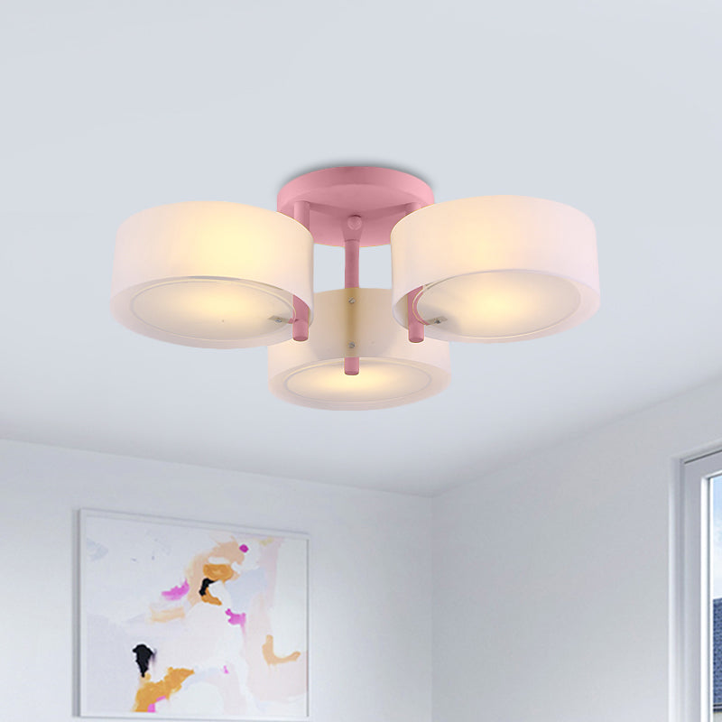 Macaron Semi Flush Mount Light Drum Shade 3 Lights Frosted Glass Ceiling Lamp for Kid Bedroom Clearhalo 'Ceiling Lights' 'Close To Ceiling Lights' 'Close to ceiling' 'Semi-flushmount' Lighting' 1870986