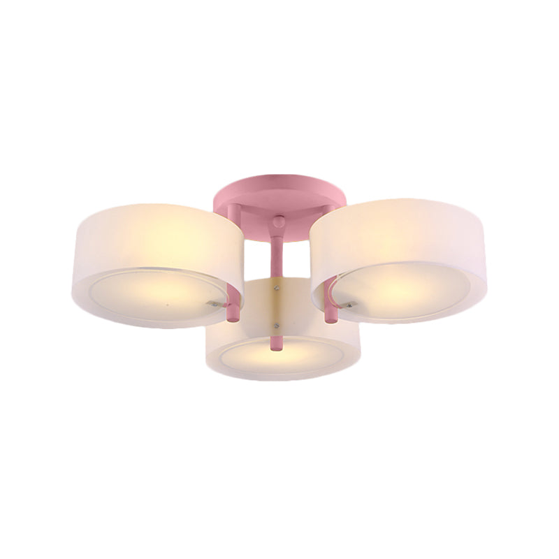 Macaron Semi Flush Mount Light Drum Shade 3 Lights Frosted Glass Ceiling Lamp for Kid Bedroom Clearhalo 'Ceiling Lights' 'Close To Ceiling Lights' 'Close to ceiling' 'Semi-flushmount' Lighting' 1870987