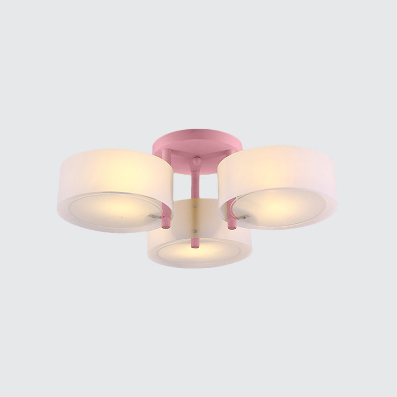 Macaron Semi Flush Mount Light Drum Shade 3 Lights Frosted Glass Ceiling Lamp for Kid Bedroom Clearhalo 'Ceiling Lights' 'Close To Ceiling Lights' 'Close to ceiling' 'Semi-flushmount' Lighting' 1870988