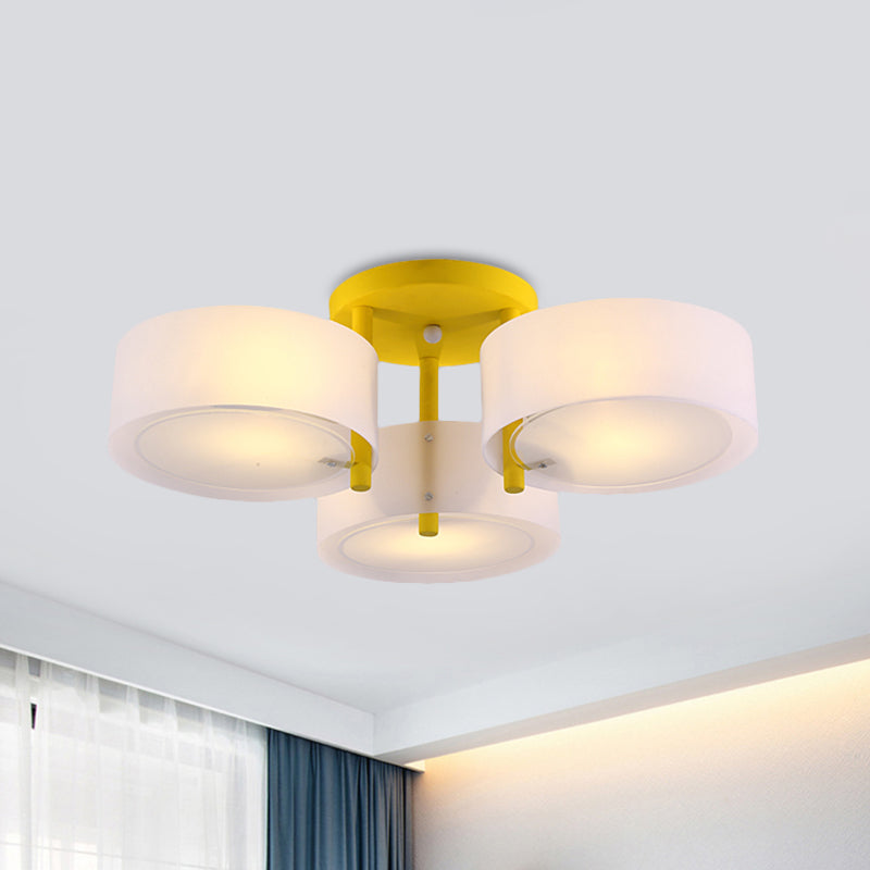 Macaron Semi Flush Mount Light Drum Shade 3 Lights Frosted Glass Ceiling Lamp for Kid Bedroom Yellow Clearhalo 'Ceiling Lights' 'Close To Ceiling Lights' 'Close to ceiling' 'Semi-flushmount' Lighting' 1870989