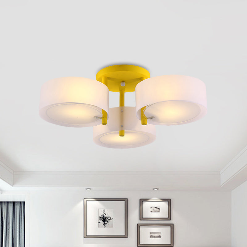 Macaron Semi Flush Mount Light Drum Shade 3 Lights Frosted Glass Ceiling Lamp for Kid Bedroom Clearhalo 'Ceiling Lights' 'Close To Ceiling Lights' 'Close to ceiling' 'Semi-flushmount' Lighting' 1870990