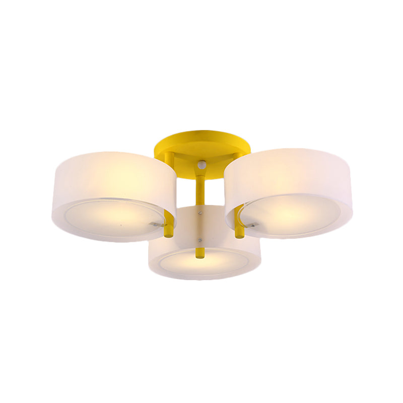 Macaron Semi Flush Mount Light Drum Shade 3 Lights Frosted Glass Ceiling Lamp for Kid Bedroom Clearhalo 'Ceiling Lights' 'Close To Ceiling Lights' 'Close to ceiling' 'Semi-flushmount' Lighting' 1870991