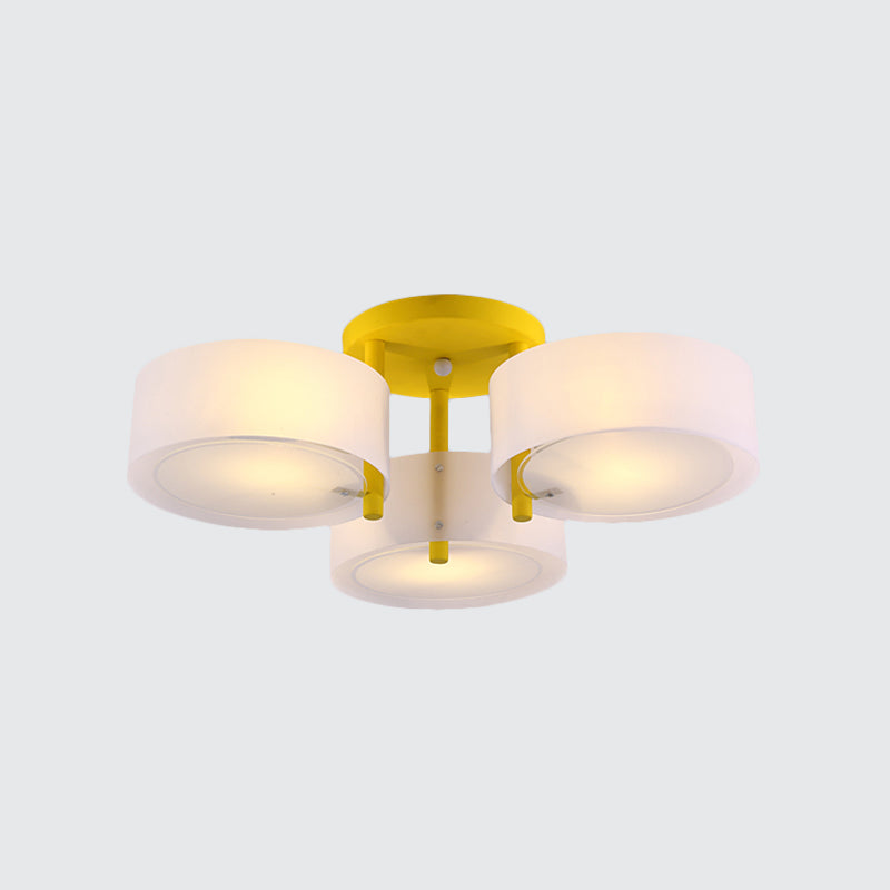 Macaron Semi Flush Mount Light Drum Shade 3 Lights Frosted Glass Ceiling Lamp for Kid Bedroom Clearhalo 'Ceiling Lights' 'Close To Ceiling Lights' 'Close to ceiling' 'Semi-flushmount' Lighting' 1870992