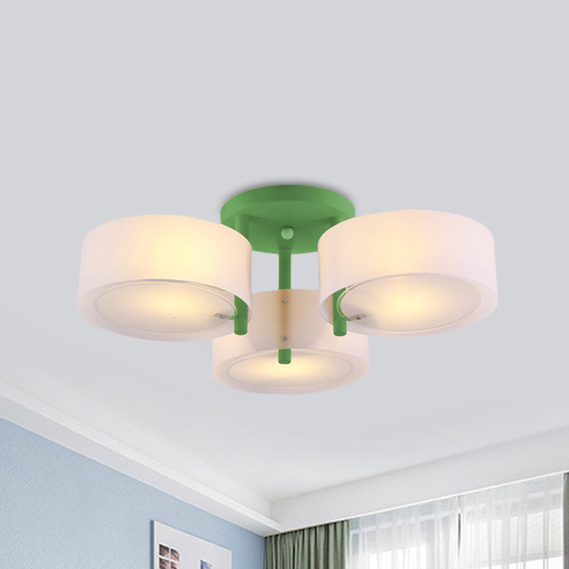 Macaron Semi Flush Mount Light Drum Shade 3 Lights Frosted Glass Ceiling Lamp for Kid Bedroom Green Clearhalo 'Ceiling Lights' 'Close To Ceiling Lights' 'Close to ceiling' 'Semi-flushmount' Lighting' 1870993