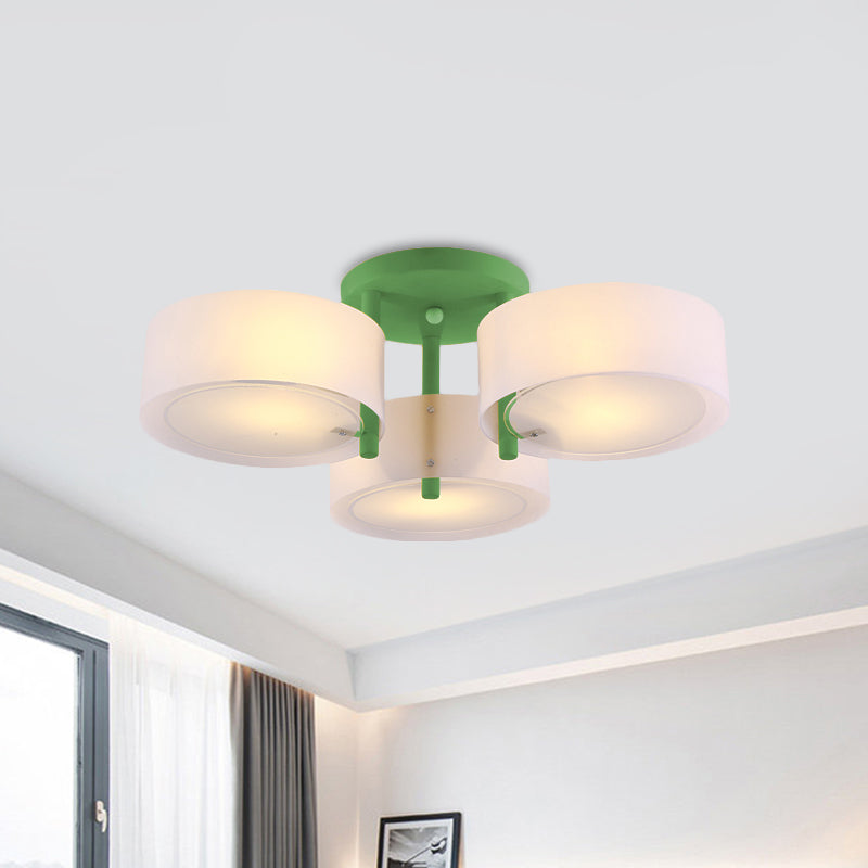 Macaron Semi Flush Mount Light Drum Shade 3 Lights Frosted Glass Ceiling Lamp for Kid Bedroom Clearhalo 'Ceiling Lights' 'Close To Ceiling Lights' 'Close to ceiling' 'Semi-flushmount' Lighting' 1870994