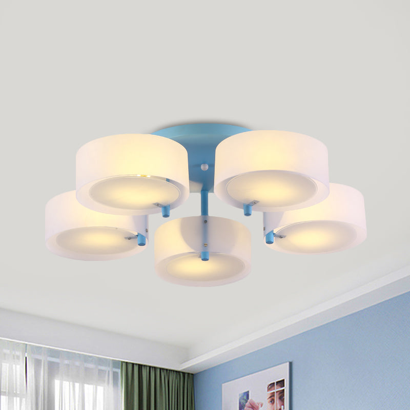 White Drum Semi Flush Ceiling Light Macaron Loft Milk Glass Ceiling Fixture for Study Room 5 Blue Clearhalo 'Ceiling Lights' 'Close To Ceiling Lights' 'Close to ceiling' 'Semi-flushmount' Lighting' 1870997