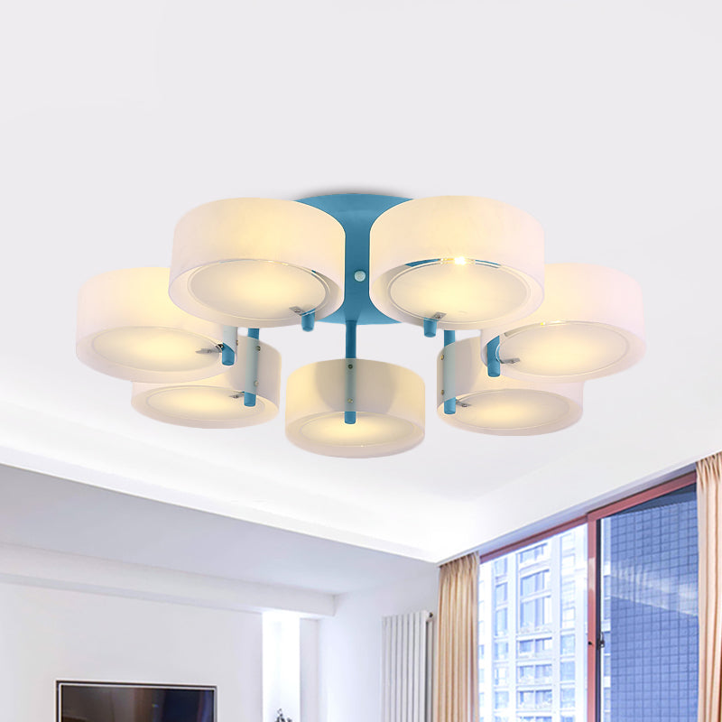 White Drum Semi Flush Ceiling Light Macaron Loft Milk Glass Ceiling Fixture for Study Room 7 Blue Clearhalo 'Ceiling Lights' 'Close To Ceiling Lights' 'Close to ceiling' 'Semi-flushmount' Lighting' 1871002