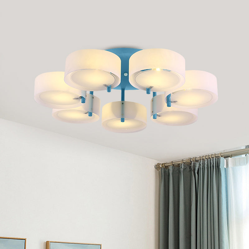 White Drum Semi Flush Ceiling Light Macaron Loft Milk Glass Ceiling Fixture for Study Room Clearhalo 'Ceiling Lights' 'Close To Ceiling Lights' 'Close to ceiling' 'Semi-flushmount' Lighting' 1871003