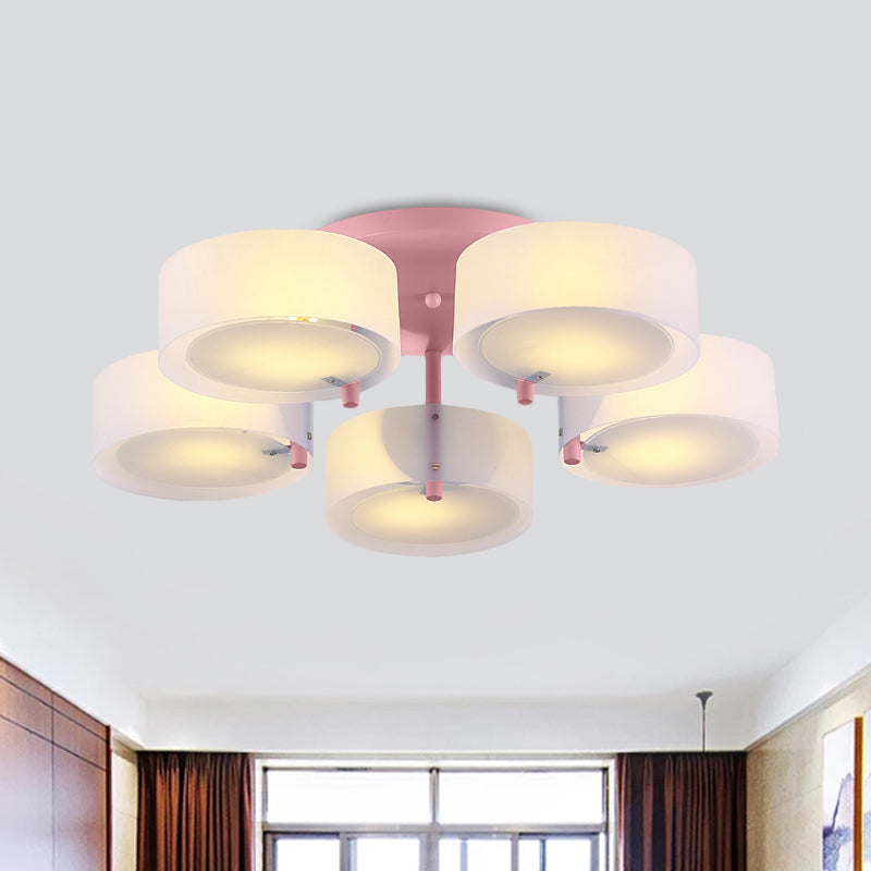 White Drum Semi Flush Ceiling Light Macaron Loft Milk Glass Ceiling Fixture for Study Room 5 Pink Clearhalo 'Ceiling Lights' 'Close To Ceiling Lights' 'Close to ceiling' 'Semi-flushmount' Lighting' 1871007