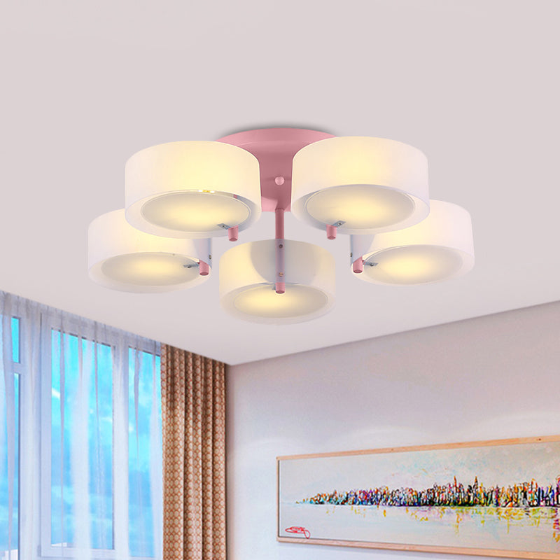 White Drum Semi Flush Ceiling Light Macaron Loft Milk Glass Ceiling Fixture for Study Room Clearhalo 'Ceiling Lights' 'Close To Ceiling Lights' 'Close to ceiling' 'Semi-flushmount' Lighting' 1871008