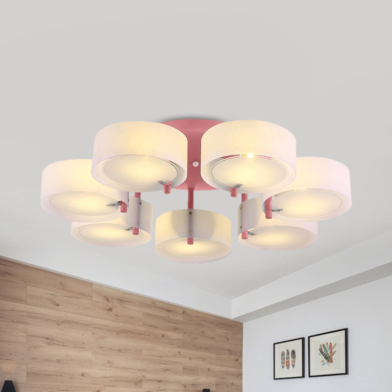 White Drum Semi Flush Ceiling Light Macaron Loft Milk Glass Ceiling Fixture for Study Room 7 Pink Clearhalo 'Ceiling Lights' 'Close To Ceiling Lights' 'Close to ceiling' 'Semi-flushmount' Lighting' 1871011