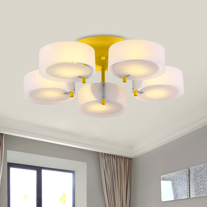 White Drum Semi Flush Ceiling Light Macaron Loft Milk Glass Ceiling Fixture for Study Room 5 Yellow Clearhalo 'Ceiling Lights' 'Close To Ceiling Lights' 'Close to ceiling' 'Semi-flushmount' Lighting' 1871015