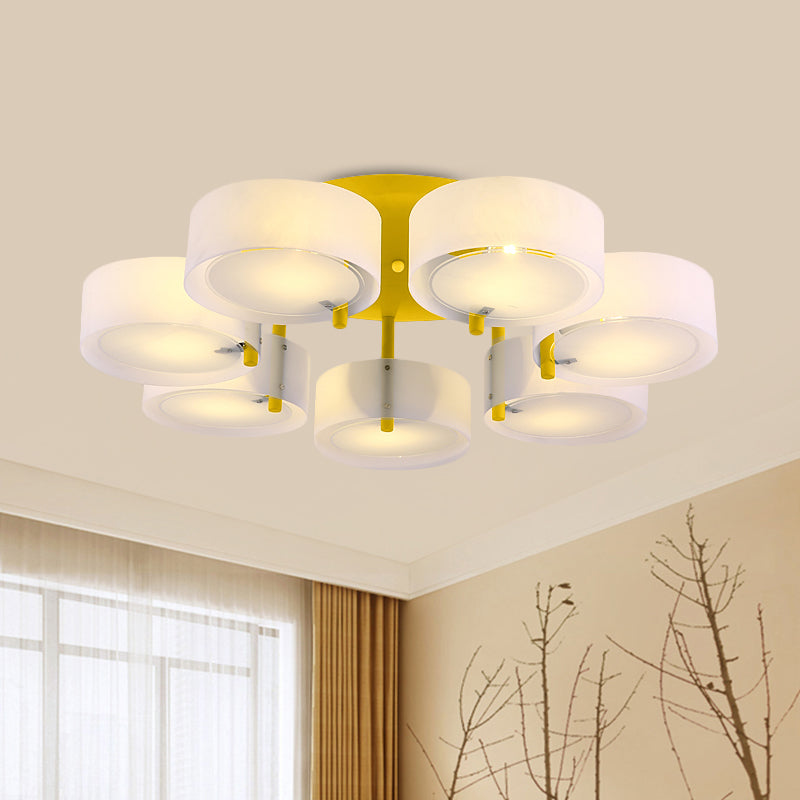 White Drum Semi Flush Ceiling Light Macaron Loft Milk Glass Ceiling Fixture for Study Room 7 Yellow Clearhalo 'Ceiling Lights' 'Close To Ceiling Lights' 'Close to ceiling' 'Semi-flushmount' Lighting' 1871019