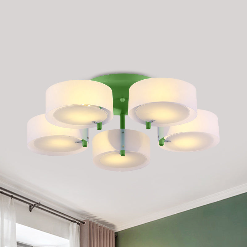 White Drum Semi Flush Ceiling Light Macaron Loft Milk Glass Ceiling Fixture for Study Room 5 Green Clearhalo 'Ceiling Lights' 'Close To Ceiling Lights' 'Close to ceiling' 'Semi-flushmount' Lighting' 1871023