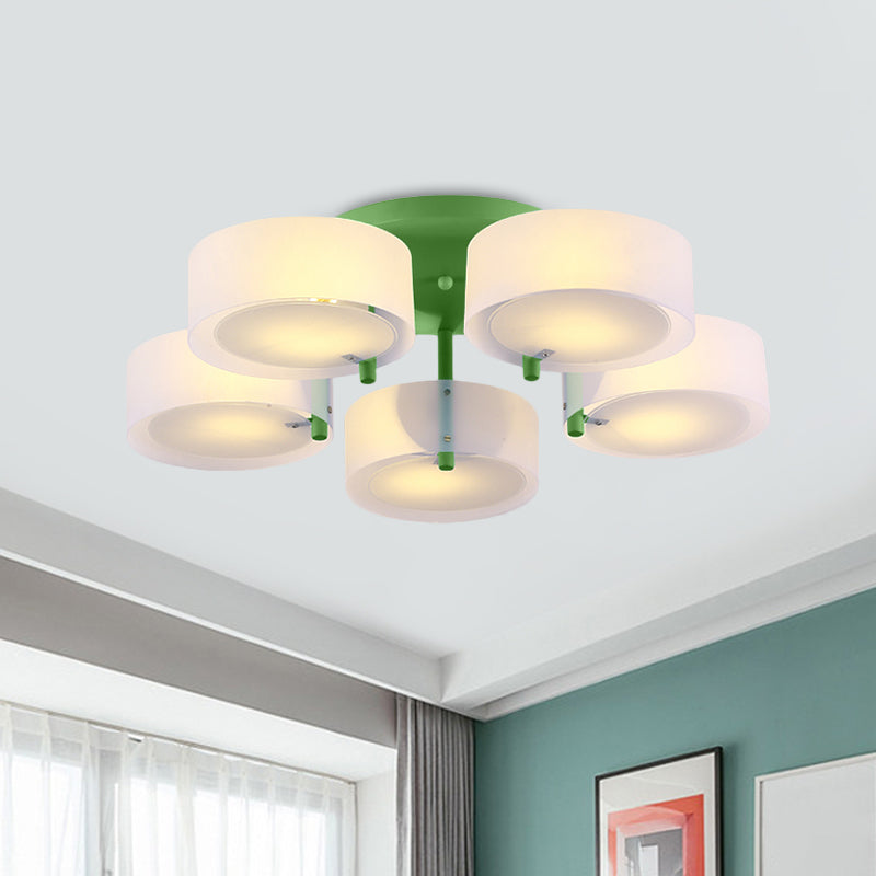 White Drum Semi Flush Ceiling Light Macaron Loft Milk Glass Ceiling Fixture for Study Room Clearhalo 'Ceiling Lights' 'Close To Ceiling Lights' 'Close to ceiling' 'Semi-flushmount' Lighting' 1871024