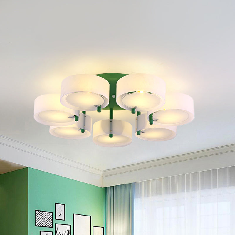 White Drum Semi Flush Ceiling Light Macaron Loft Milk Glass Ceiling Fixture for Study Room 7 Green Clearhalo 'Ceiling Lights' 'Close To Ceiling Lights' 'Close to ceiling' 'Semi-flushmount' Lighting' 1871027