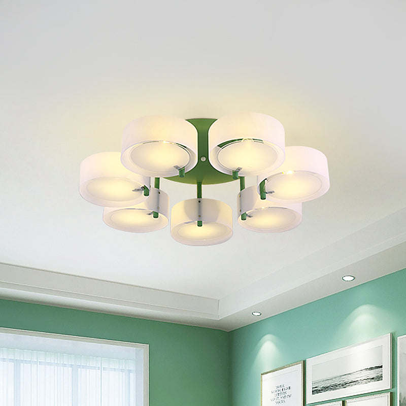 White Drum Semi Flush Ceiling Light Macaron Loft Milk Glass Ceiling Fixture for Study Room Clearhalo 'Ceiling Lights' 'Close To Ceiling Lights' 'Close to ceiling' 'Semi-flushmount' Lighting' 1871028