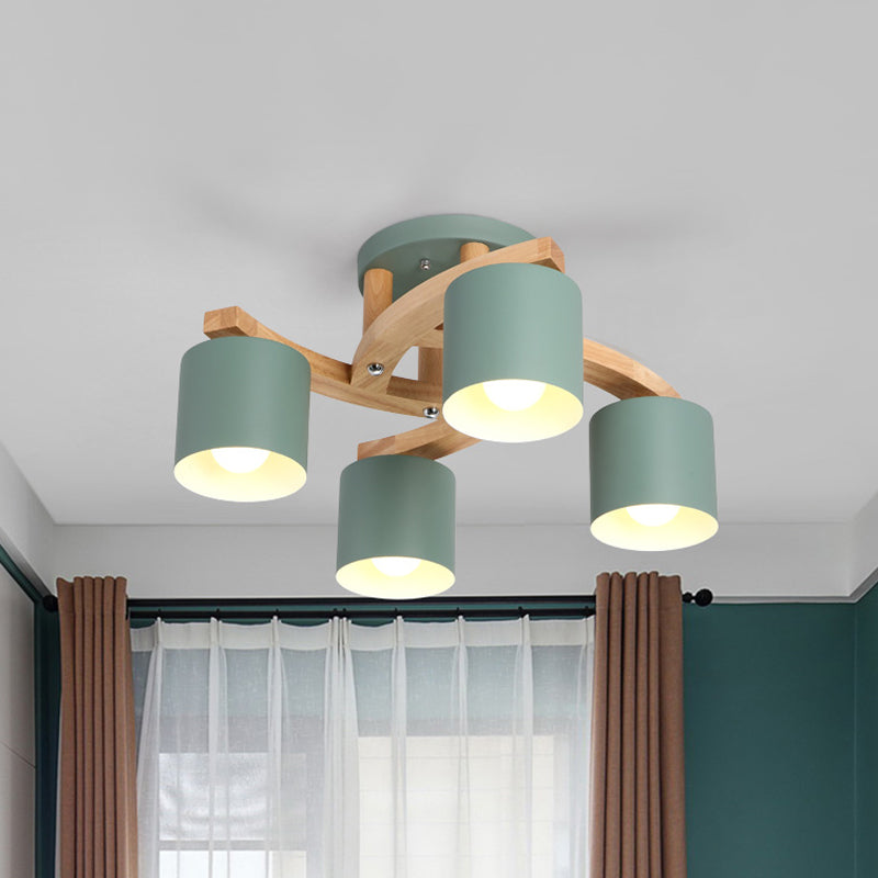 Cylinder Shade Semi Ceiling Mount Light Nordic Metal Flush Light for Living Room Villa 4 Green Clearhalo 'Ceiling Lights' 'Close To Ceiling Lights' 'Close to ceiling' 'Semi-flushmount' Lighting' 1871031