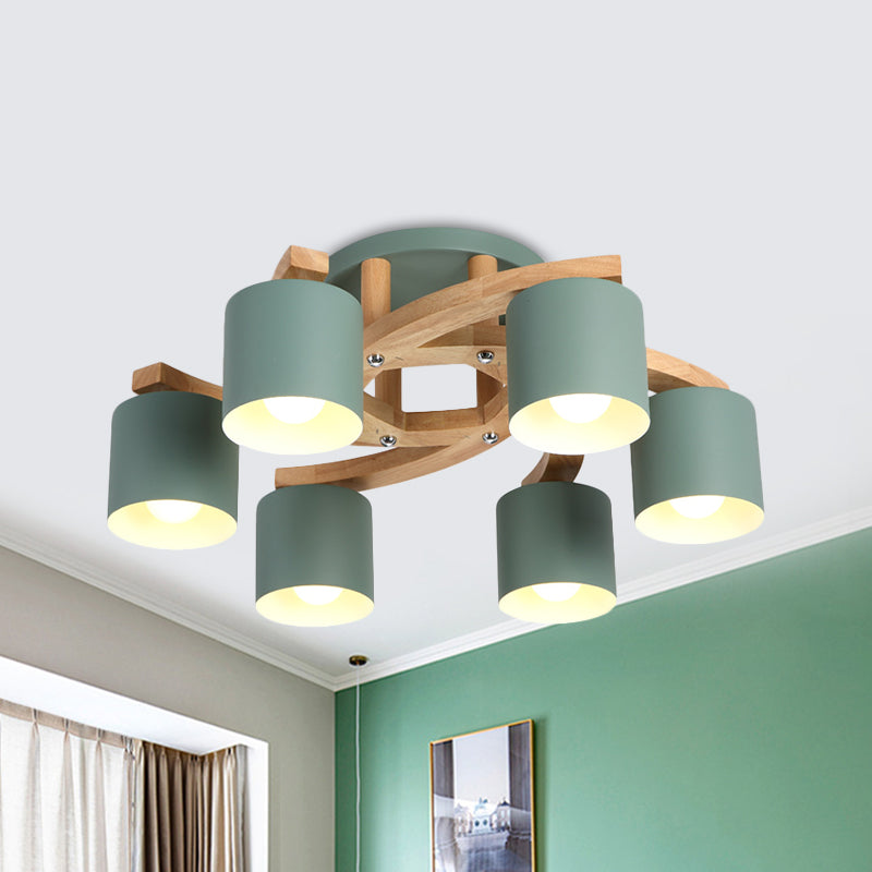 Cylinder Shade Semi Ceiling Mount Light Nordic Metal Flush Light for Living Room Villa 6 Green Clearhalo 'Ceiling Lights' 'Close To Ceiling Lights' 'Close to ceiling' 'Semi-flushmount' Lighting' 1871036